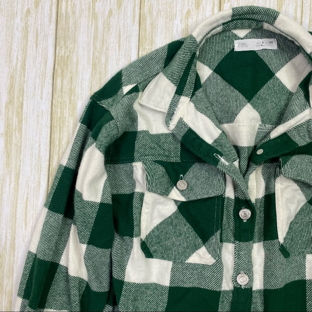 Zara Kids Green & White Plaid Flannel Button Down Shirt - Picture 2 of 5